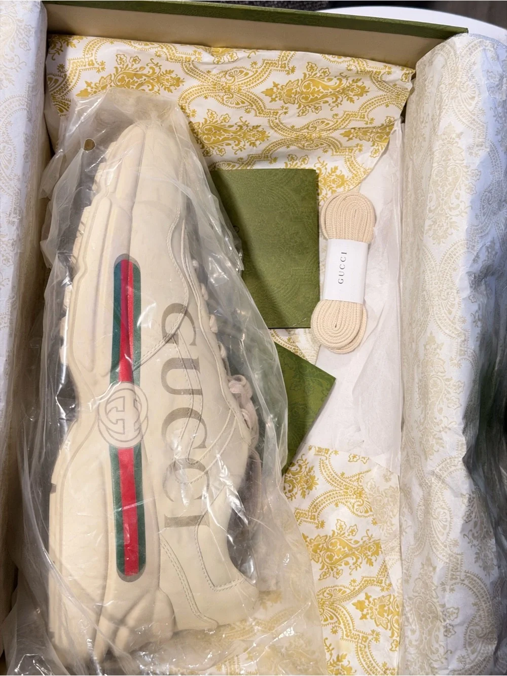 Gucci Cream Leather Sneaker with Green and Red Web Stripe